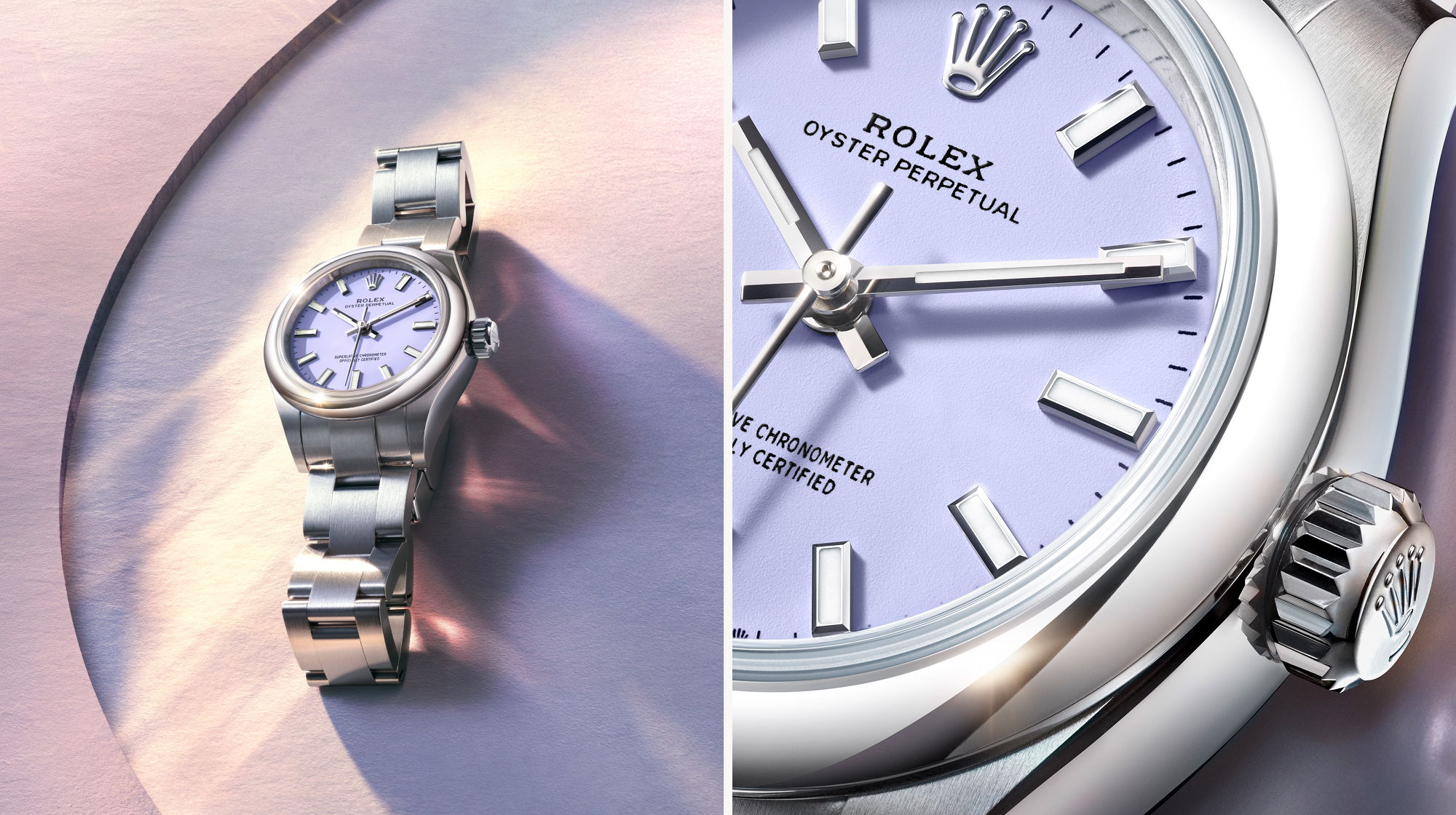 A stainless steel luxury wristwatch with a silver bracelet and a brown dial featuring multiple subdials, set against a gradient background.